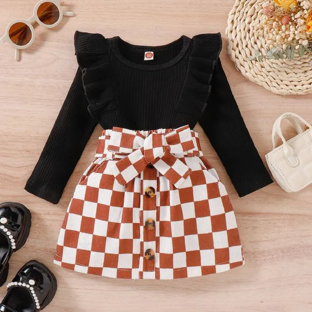 BLACK Girls Crewneck Long Sleeves Ribbed Top And Plaid Skirt Two Pieces Suits