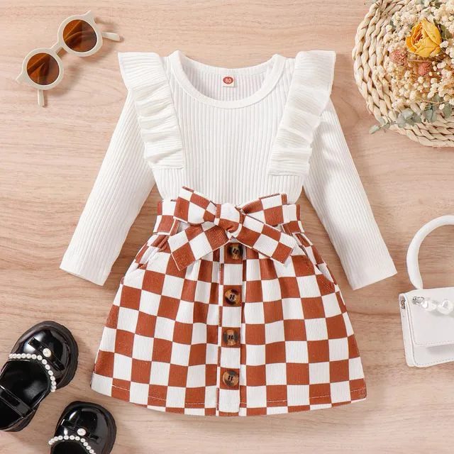 WHITE Girls Crewneck Long Sleeves Ribbed Top And Plaid Skirt Two Pieces Suits (Copy)