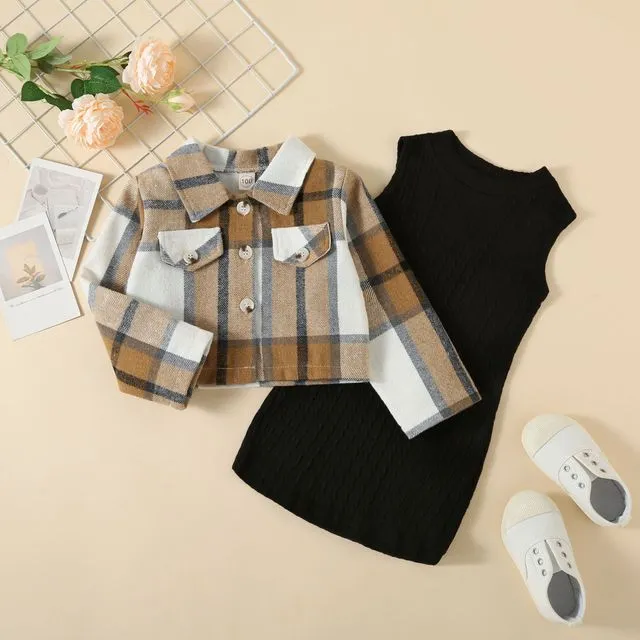 Girls Lapel Plaid Long Sleeves Single Breasted Shirts And Knitted Dress Two Pieces Suits