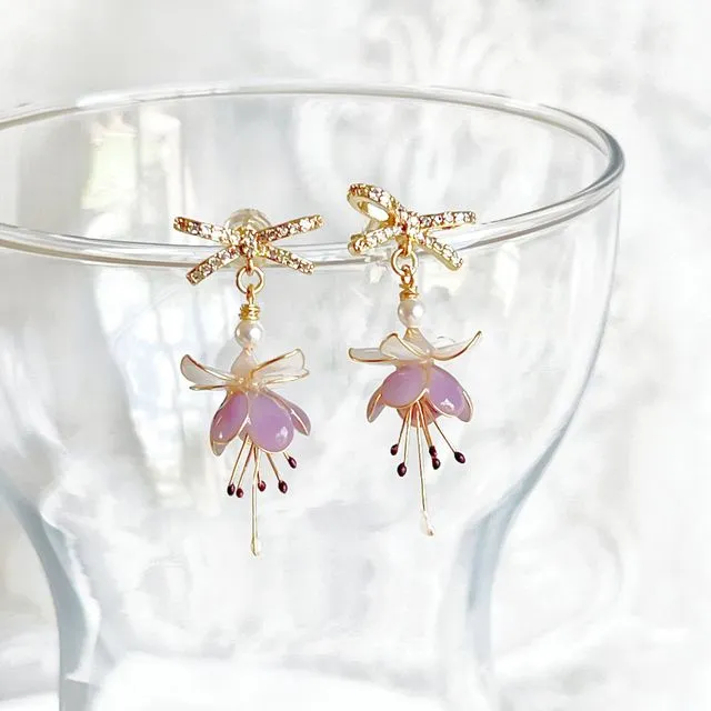 Purple Fuchsia Flower and Bow Earrings