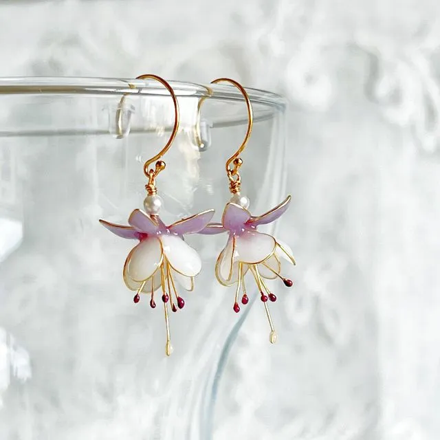 Handmade Purple and White Fuchsia Flower Earrings