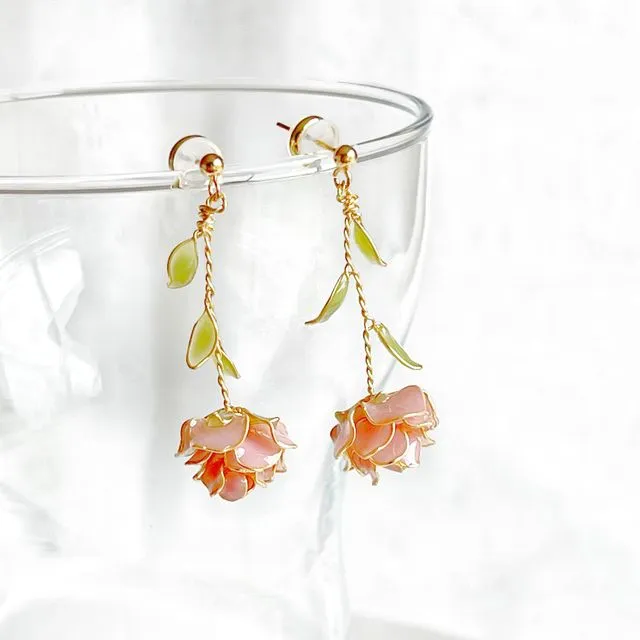 Handmade Pink Rose Flower Earrings