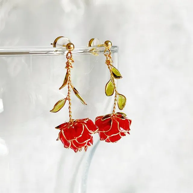 Handmade Red Rose Flower Earrings