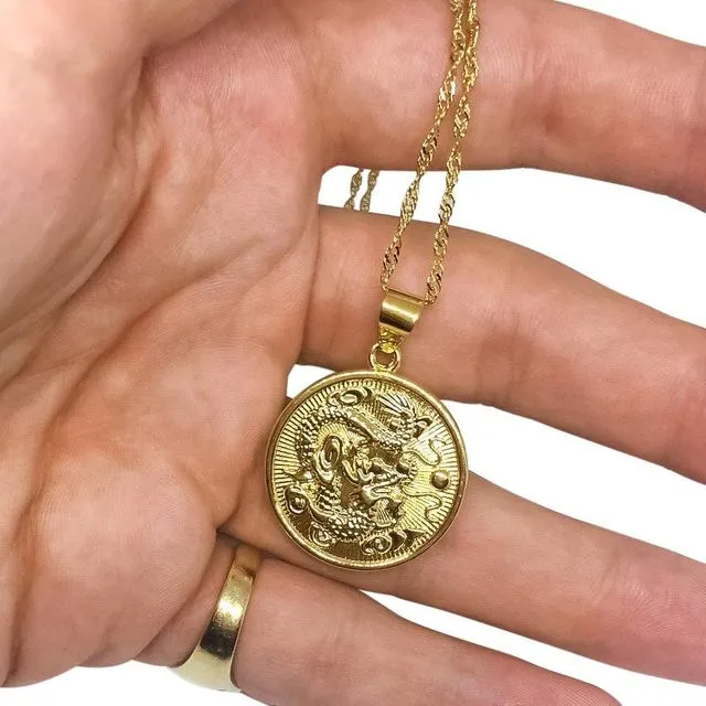 Asian Inspired Gold Coin Dragon Necklace l Circle Round Year