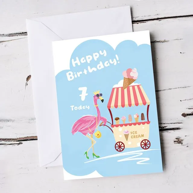 For Girl 7th Cute Flamingo Birthday Card