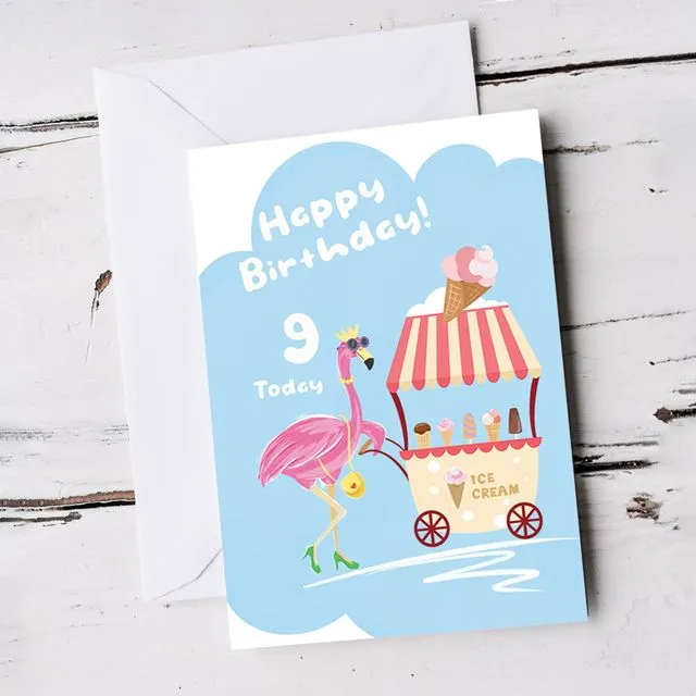 For Girl 9th Cute Flamingo Birthday Card