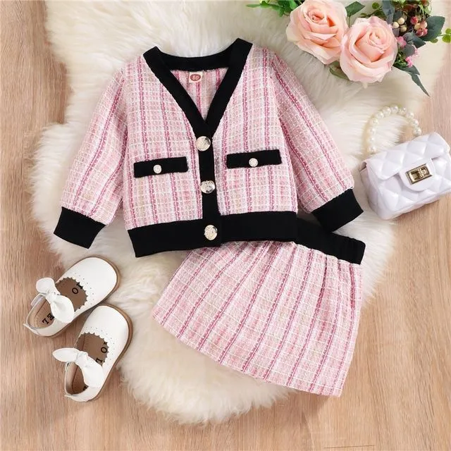 Girls Contrast Color Plaid Buttoned V-Neck Top And Skirt Two Pieces Suits
