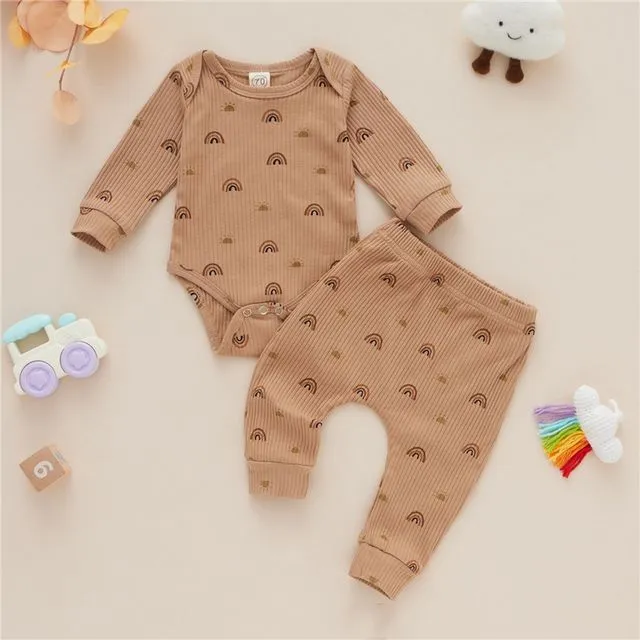 Baby Printed Long Sleeves Crewneck Top Romper And Pants Two Pieces Suits