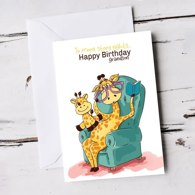 For Grandson Cute Giraffes and Stories Birthday Card