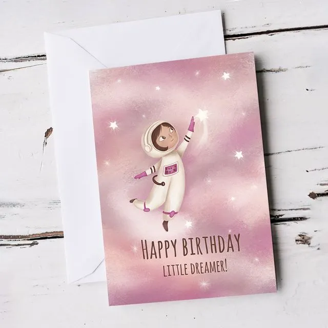 For Girl Cute and Charming Astronaut Birthday Card