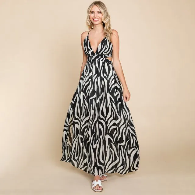 Deep V Neck Open Back Zebra Print Boho Maxi Dress, SML(2-2-2)/1Pack