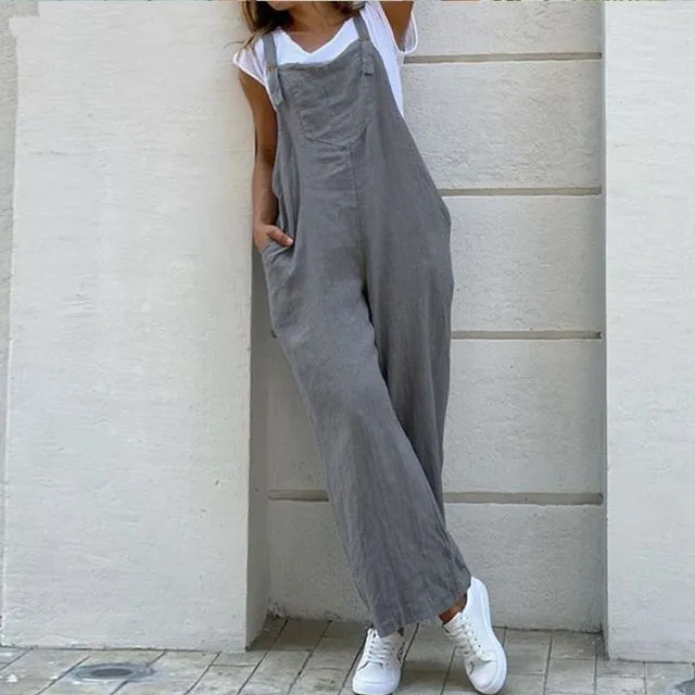 Solid Color Wide Leg Casual Loose Overalls-GRAY