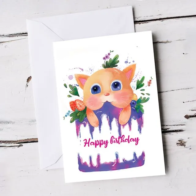 For Children Cute Birthday Cat and Cake Birthday Card