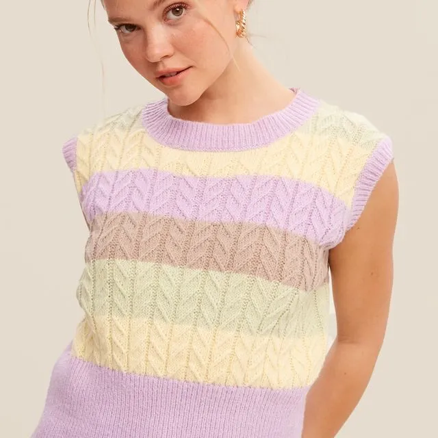 Cable Design Bold Stripes Color Sweater Vest - (LILSW0766 : LAVENDER MULTI)