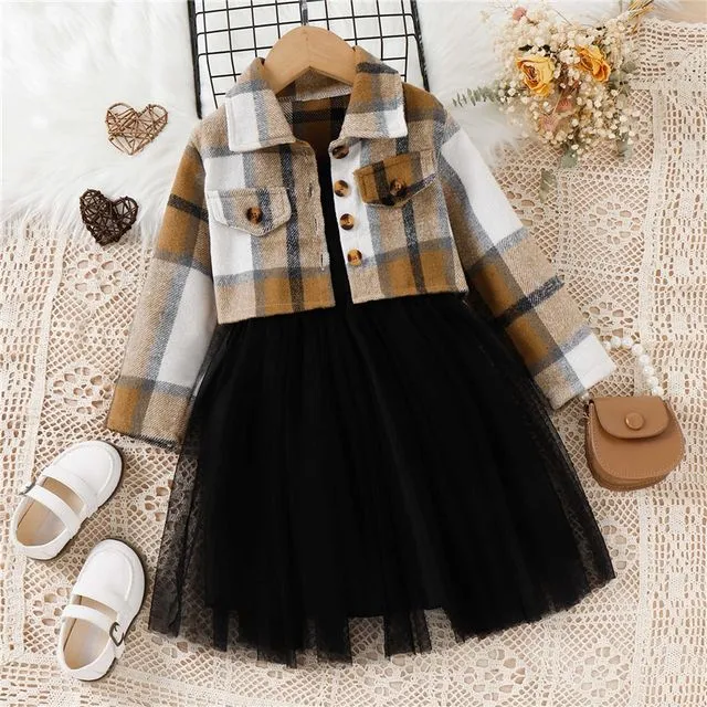 Girls Long Sleeves Lapel Plaid Outerwear And Spaghetti Straps Mesh Patchwork Dress Two Pieces Suits