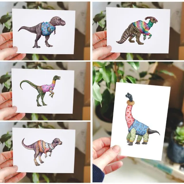 Dinosaurs Wearing Jumpers Cards | Set of Five Dinosaur Cards