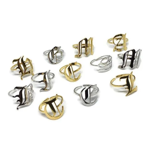 Old English Adjustable Initial Ring - Gold