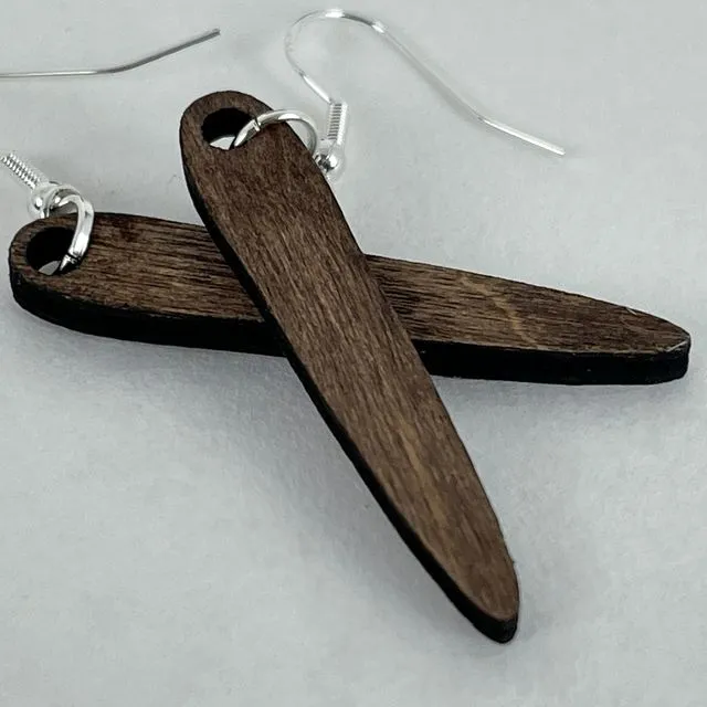 Small Dark Oak Thin Teardrop Handmade Wooden Earrings