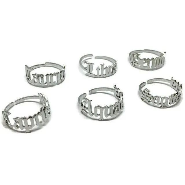 Old English Zodiac Adjustable Ring - Silver