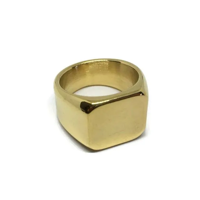 Square Stainless Steel Signet Ring Gold Silver Black Stack - Gold