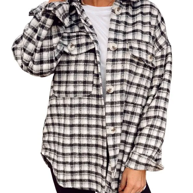Plaid Print Chest Pockets Buttoned Tunic Shacket - (GD885440086 : BLACK)
