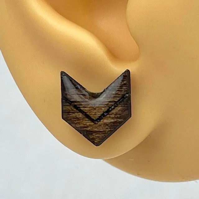 Small Size - Dark Oak Chevron Split - Handmade Stud Wooden Earrings - Minimalistic - Glossy Finish Lightweight Earrings - Baltic Birch 3mm thick wood Geometric Earrings