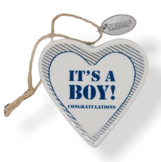 Blue ceramic Riverdale 'It's a boy' heart shaped hangers 9cm