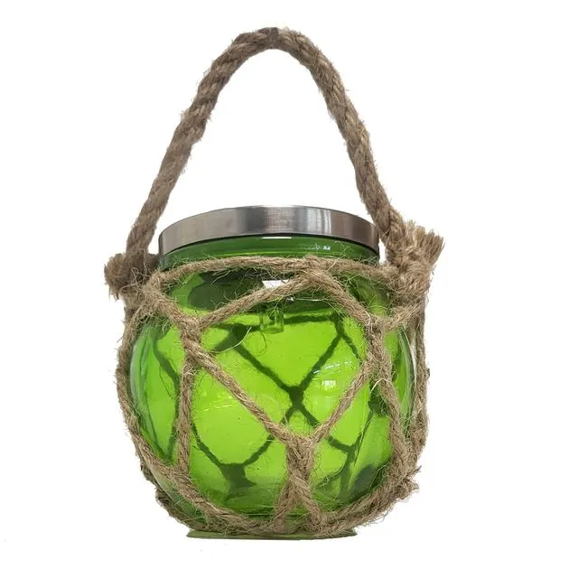 Green glass LED lanterns with solar panel and rope