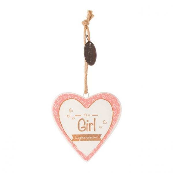 Pink ceramic Riverdale 'It's a girl' heart shaped hangers 9c