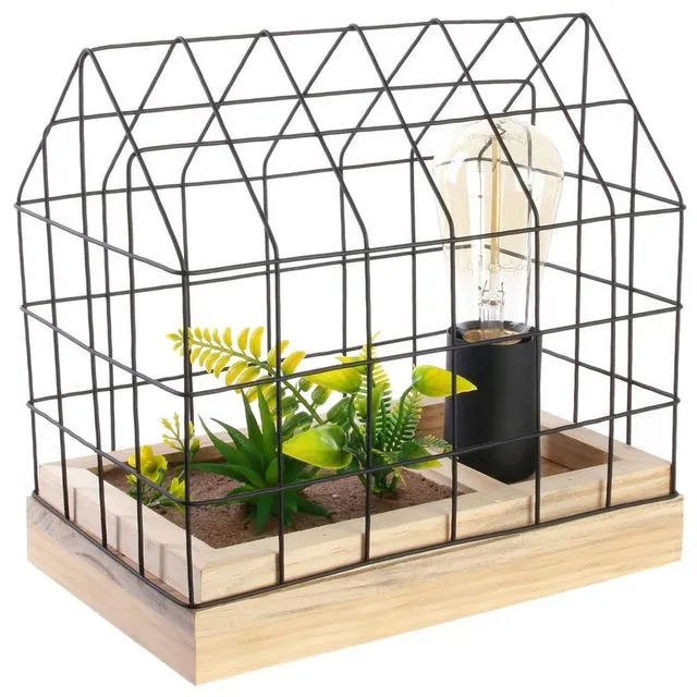 Table lamps in metal cage with artifical plants
