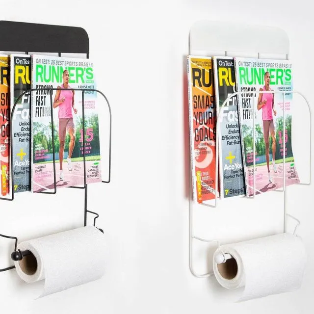White and black metal magazine racks with roll holder