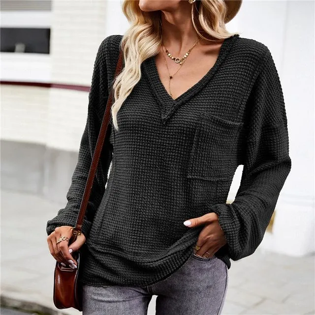 Solid Color Long Sleeves V-Neck Pullover Loose Knitted Sweater-BLACK