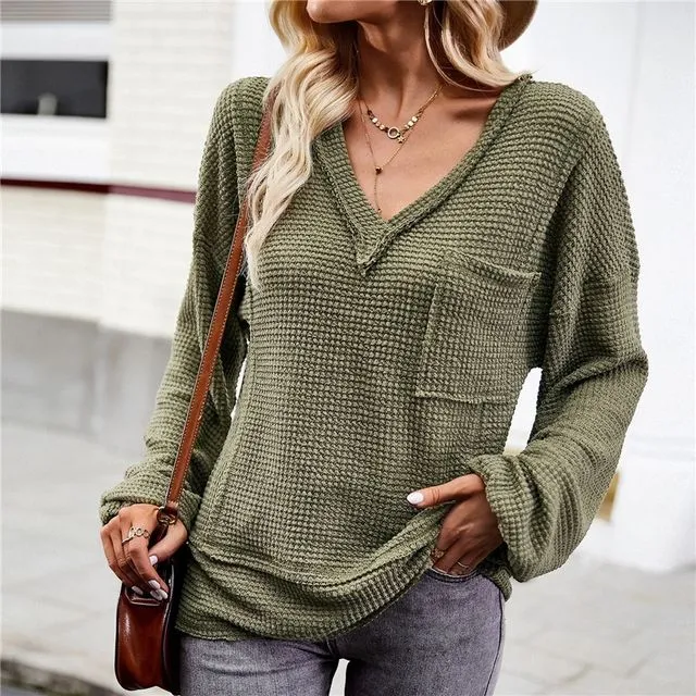 Solid Color Long Sleeves V-Neck Pullover Loose Knitted Sweater-ARMY GREEN