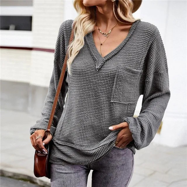 Solid Color Long Sleeves V-Neck Pullover Loose Knitted Sweater-GRAY