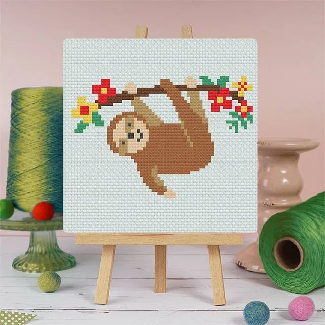 Sloth - Junior Cross Stitch Kit, Premium kit (with hoop and bag)