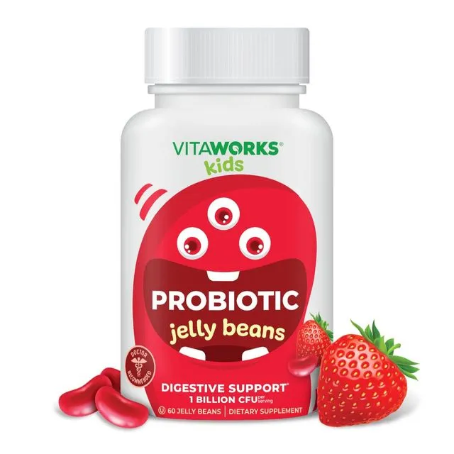 VitaWorks Kids Probiotic Jelly Beans, Digestive Support, Natural Strawberry Flavor - 60 Count
