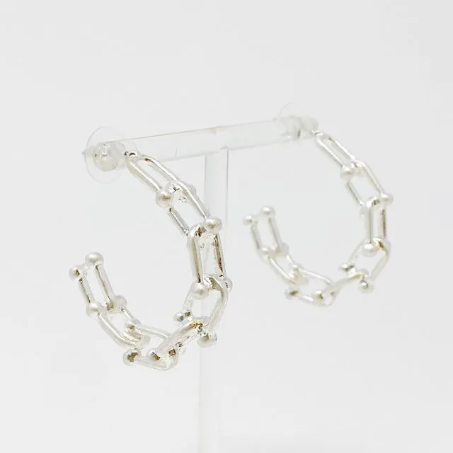 Chained Link Hoop Earrings, Silver