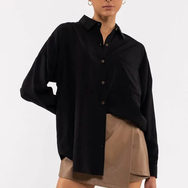 COLLARED BUTTON DOWN LONG SLEEVE TOP - (BPTW1150 : BLACK)