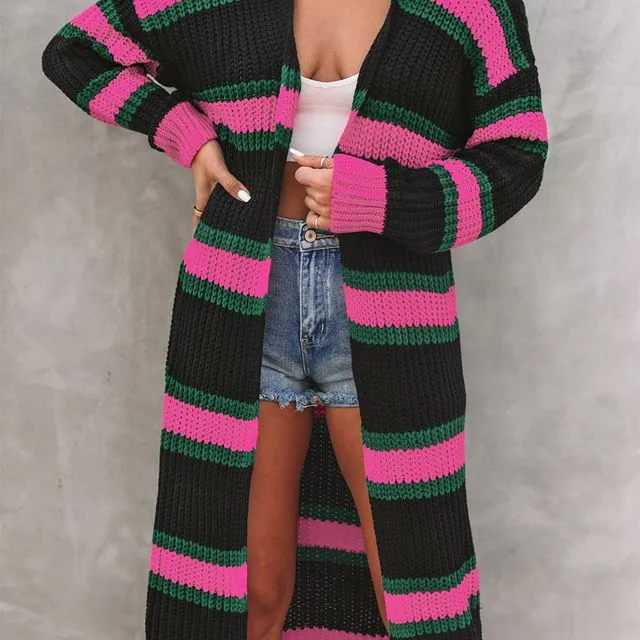 Stripe Printed Ribbed Long Knitted Cardigan - (GD8271105481 : BLACK)