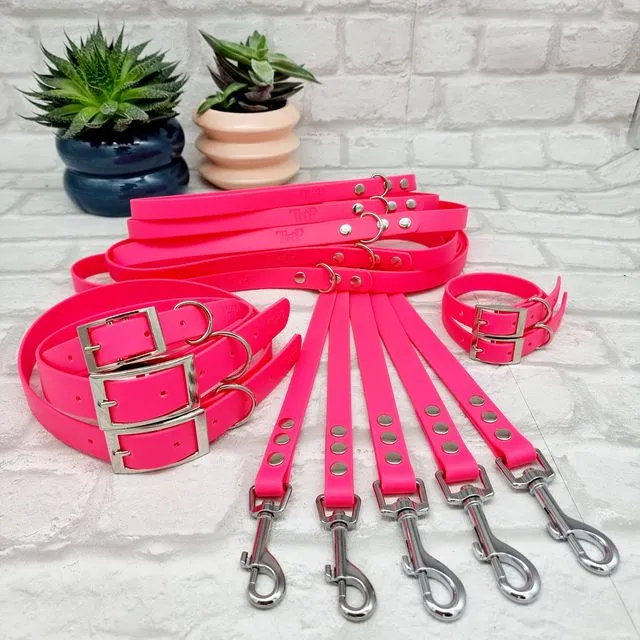 Waterproof Dog Collar & Lead Bundle - Neon Pink (Silver)