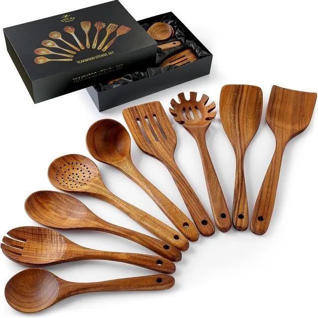 Zulay Kitchen 9-Piece Teak Wooden Utensils for Cooking - Natural Teak Utensil Set with Premium Gift Box