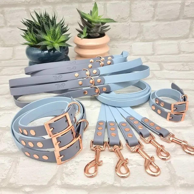 Waterproof Dog Collar & Lead Bundle - Pastel Blue / Grey