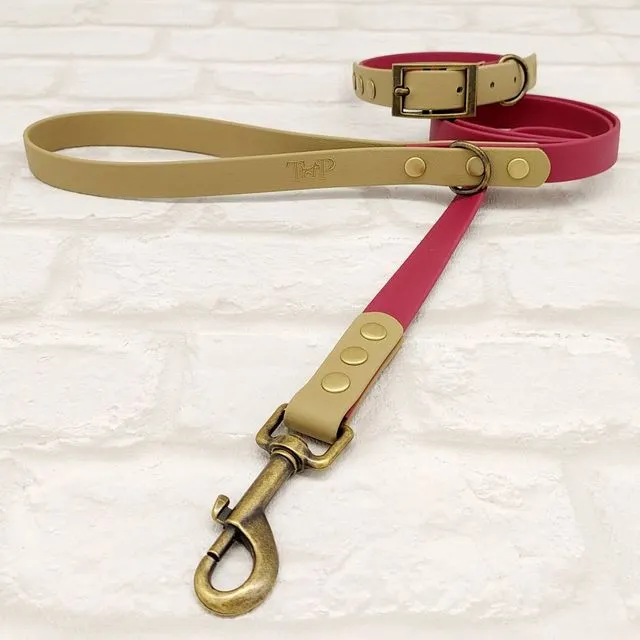 Waterproof Dog Collar & Lead Set - Burgundy / Sandstone