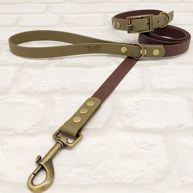 Waterproof Dog Collar & Lead Set - Dark Brown/Military Green