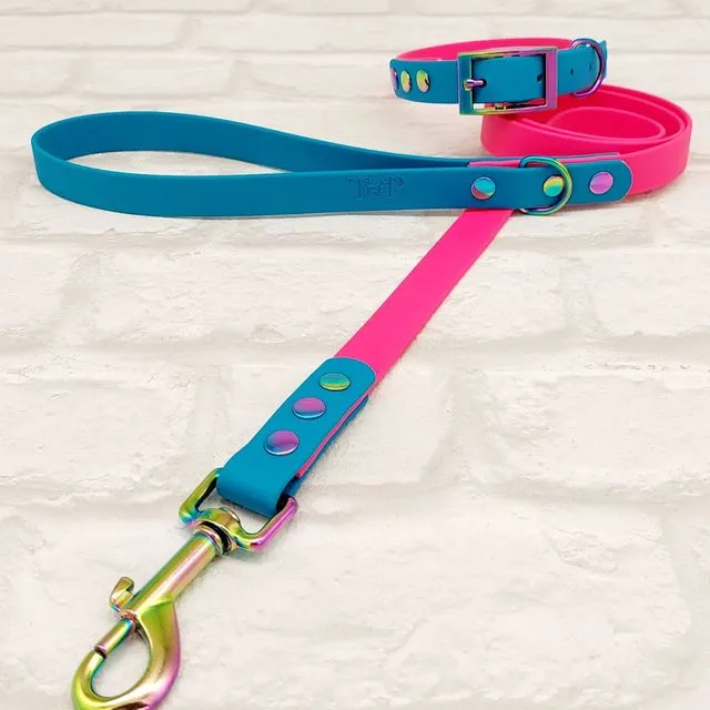 Waterproof Dog Collar & Lead Set - Electric Pink / Lagune