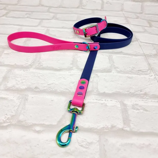 Waterproof Dog Collar & Lead Set - Navy / Electric Pink