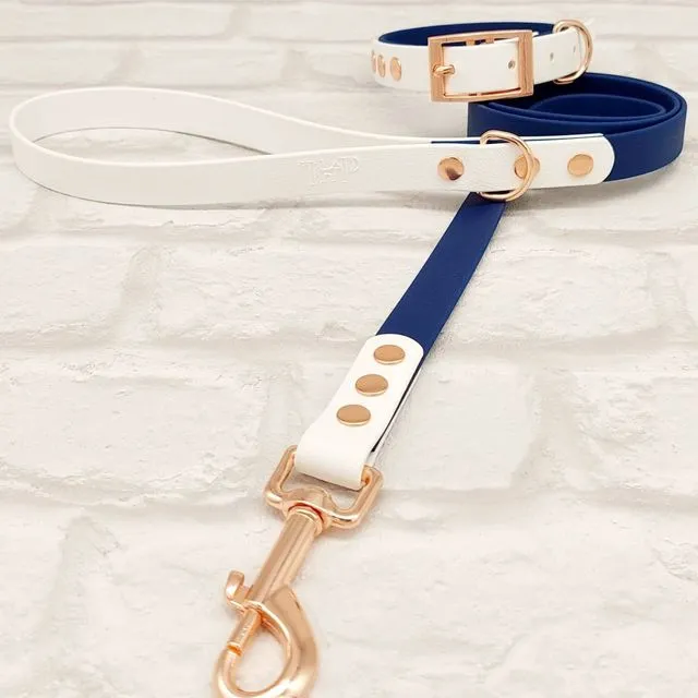 Waterproof Dog Collar & Lead Set - Navy Blue / White