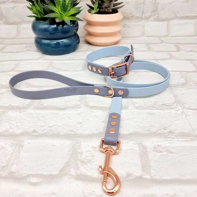 Waterproof Dog Collar & Lead Set - Pastel Blue / Grey