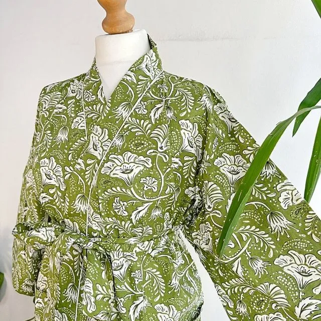 Pure Cotton Indian Block printed House Robe Summer Kimono | Floral Beach Coverup/Comfy Maternity Mom | Henna Green Forest Garden Blossom