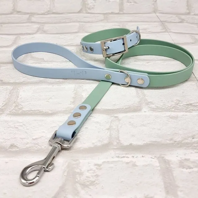 Waterproof Dog Collar & Lead Set - Sage / Pastel Blue